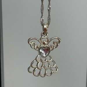 Angel necklace/silver tone/ open work/ heart/chain measures 17 + 3 i…NWT
